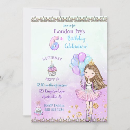 6th Birthday Girl Princess Cupcake Balloons Invitation