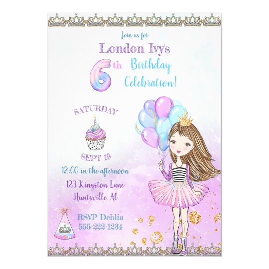 6th Birthday Girl Princess Cupcake Balloons Invitation