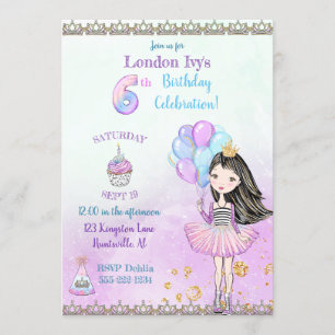 6th Birthday Girl Princess Cupcake Balloons Invitation