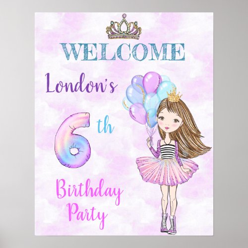 6th Birthday Girl Princess Lavender Turquoise Poster