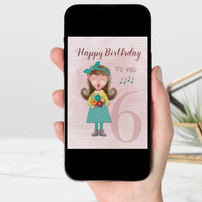 6th Birthday Girl Singing Happy Birthday Card (Front Digital)