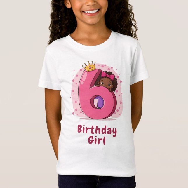 6th Birthday Girl with Crown and Bow T-Shirt (Front)