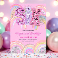6th Birthday Invitation Girl Editable Rainbow Sequ