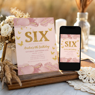 6th Birthday Invitation Pink Gold Glitter Girl