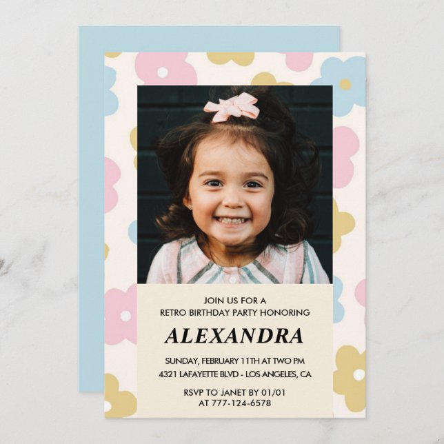 6th birthday invitation Retro Groovy Flowers Cute (Front/Back)