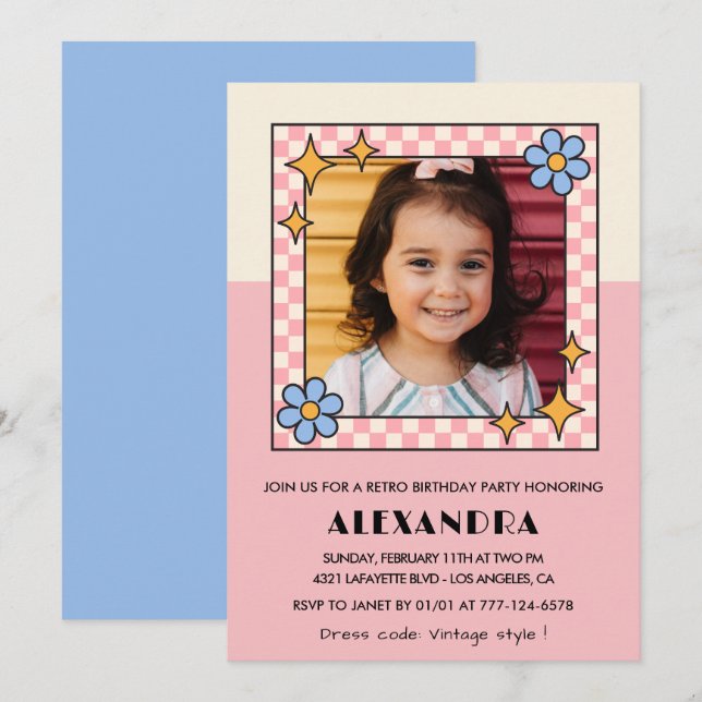 6th birthday invitation Retro Groovy Pink Flowers (Front/Back)