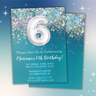 6th Birthday Invitation Teal Silver Glitter