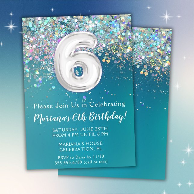 6th Birthday Invitation Teal Silver Glitter (Creator Uploaded)