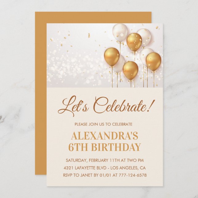 6th birthday invitations Balloons Gold (Front/Back)