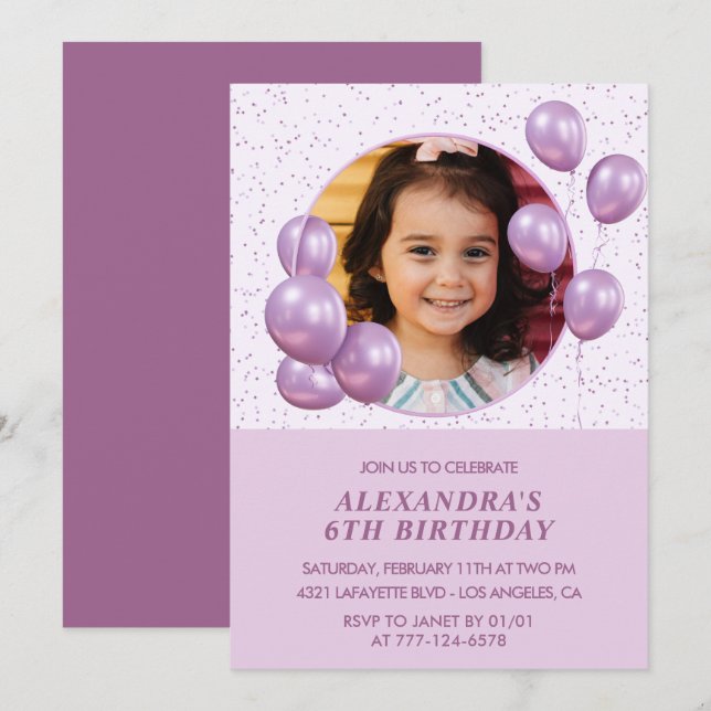 6th birthday invitations Balloons Photo Purple (Front/Back)