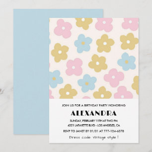 6th birthday invitations Retro Blue Pink Floral