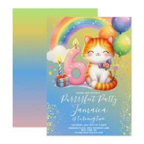 6th Birthday Kitten Rainbow Party Invitation