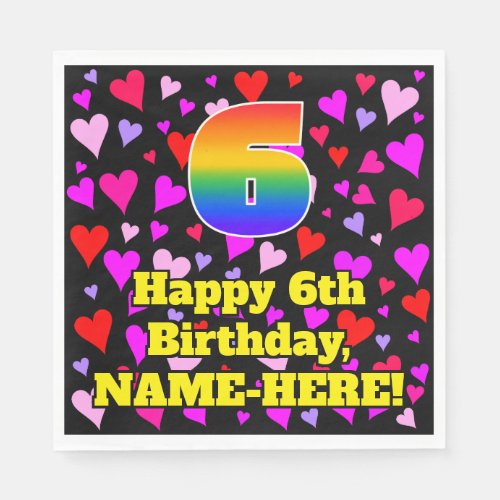 6th Birthday Loving Hearts Pattern Rainbow  6 Napkins