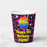 [ Thumbnail: 6th Birthday: Loving Hearts Pattern, Rainbow 6 Paper Cups ]