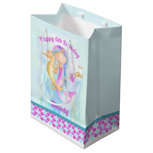 6th birthday mermaid and seahorse art custom medium gift bag