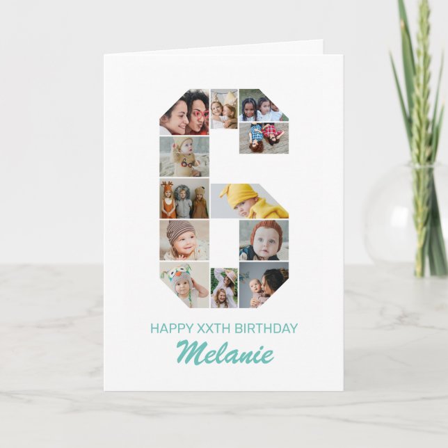 6th Birthday Number 6 Photo Collage Personalized Card (Front)