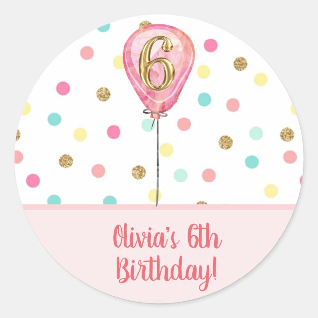 6th Birthday Party Balloon Glitter Stickers (Front)