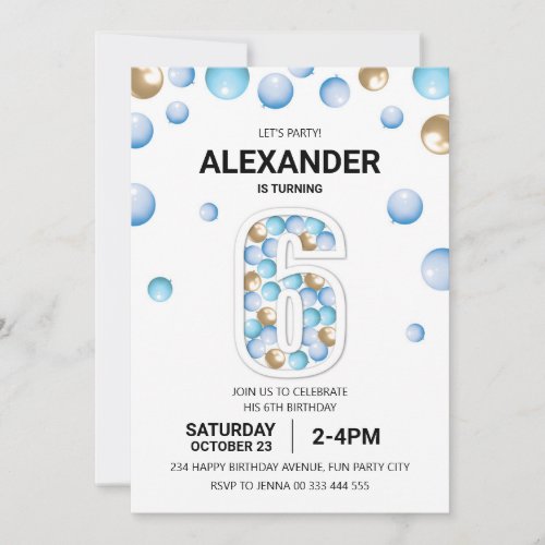 6th Birthday Party Blue and Gold Balloon Boy Invitation