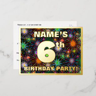 6th Birthday Party: Bold, Colorful Fireworks Look Foil Invitation Postcard