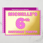 [ Thumbnail: 6th Birthday Party — Bold, Fun, Pink Stripes # 6 Invitation ]
