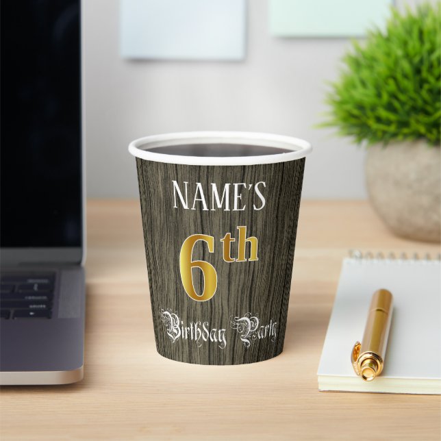 6th Birthday Party — Faux Gold & Faux Wood Looks Paper Cups (Insitu)