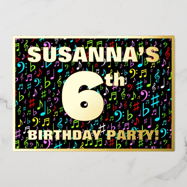 6th Birthday Party — Fun, Colorful Music Symbols Foil Invitation (Front)