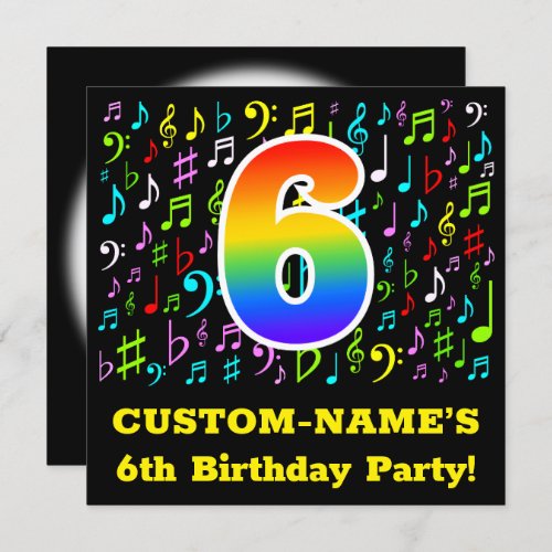 6th Birthday Party Fun Music Symbols Rainbow 6 Invitation