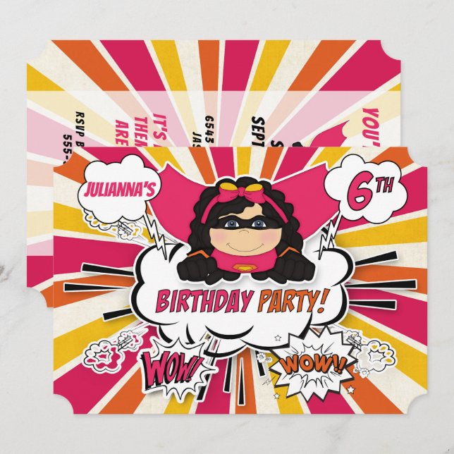 6th Birthday Party Girls Superhero Pink Comic Invi Invitation (Front/Back)