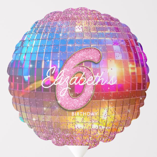 6th Birthday Party Gold Pink Glitter Disco Ball Balloon (Front)
