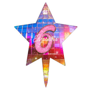 6th Birthday Party Gold Pink Glitter Disco Ball Cake Topper