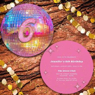 6th Birthday Party Gold Pink Glitter Disco Ball Invitation
