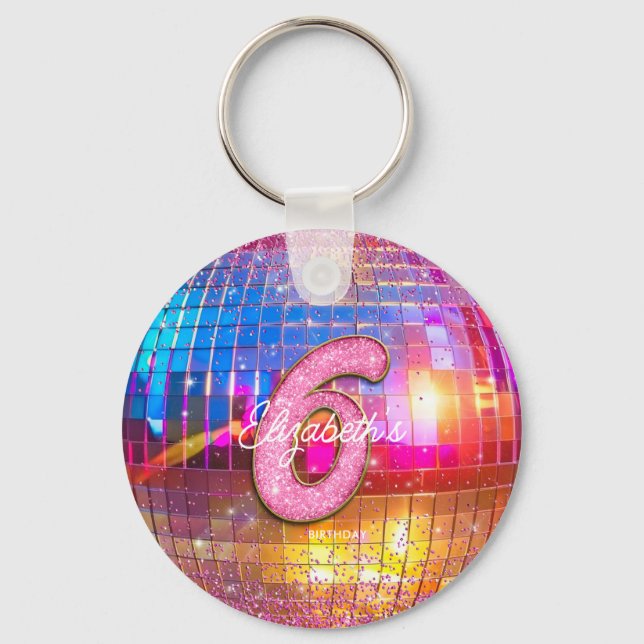 6th Birthday Party Gold Pink Glitter Disco Ball Keychain (Back)