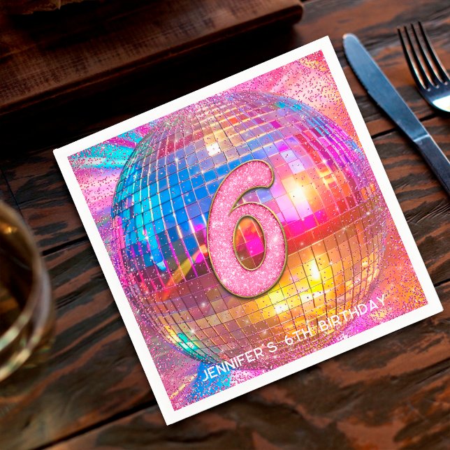 6th Birthday Party Gold Pink Glitter Disco Ball Napkins (Creator Uploaded)