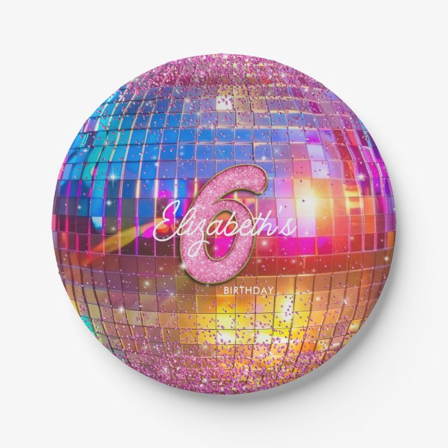 6th Birthday Party Gold Pink Glitter Disco Ball Paper Plates (Front)