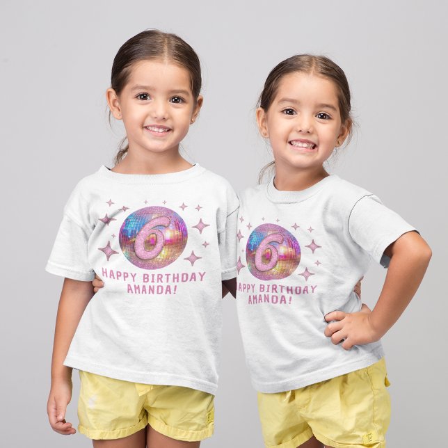 6th Birthday Party Gold Pink Glitter Disco Ball T-Shirt (Creator Uploaded)