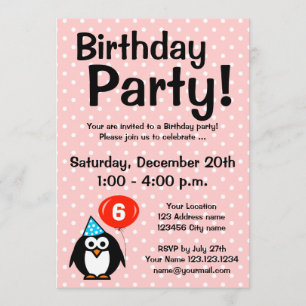6th Birthday party invitations with funny penguin