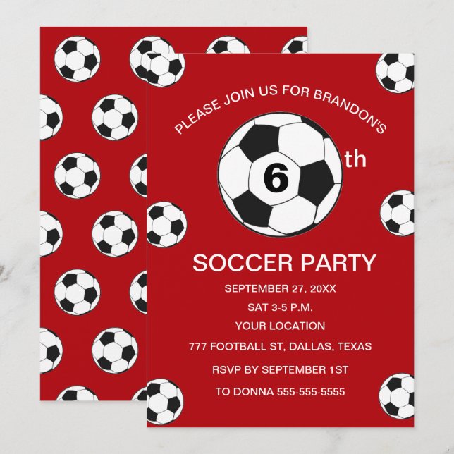 6th Birthday Party Soccer Red Boys Sports Invitation (Front/Back)