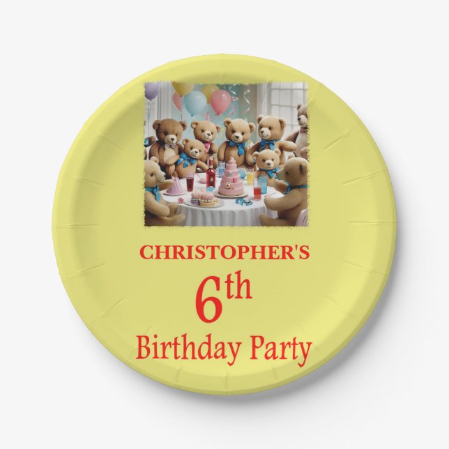 6th Birthday Party Teddy Bears Party Paper Plates (Front)