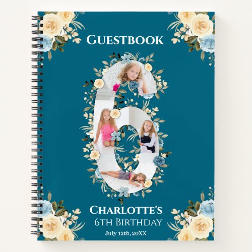 6th Birthday Photo Blue Yellow Flower Guest Book