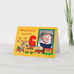 6th birthday photo card with toy train - toy train