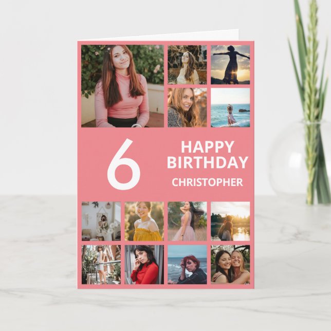 6th Birthday Photo Collage 13 Photos Pink & White Card (Front)
