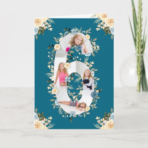 6th Birthday Photo Collage Blue Yellow Flower Teal Card
