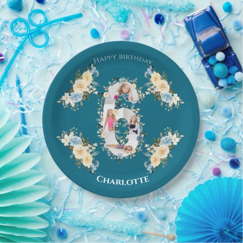 6th Birthday Photo Collage Blue Yellow Flower Teal Paper Plates