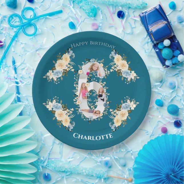 6th Birthday Photo Collage Blue Yellow Flower Teal Paper Plates (Party)