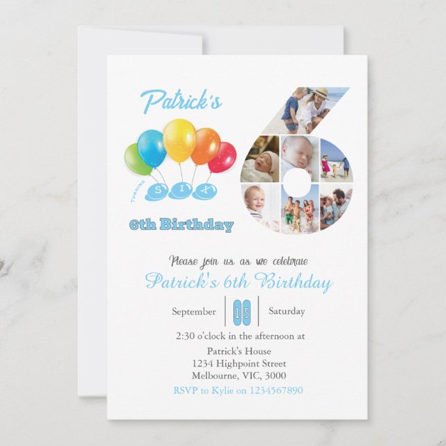 6th birthday photo collage number 6 Boy Invitation (Front)