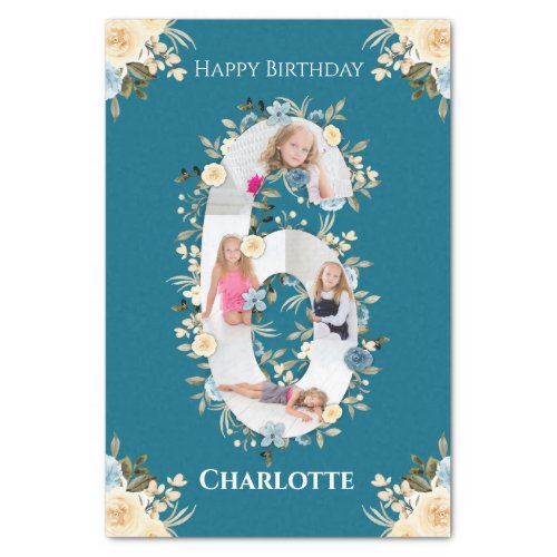 6th Birthday Photo Collage Teal Blue Yellow Flower Tissue Paper