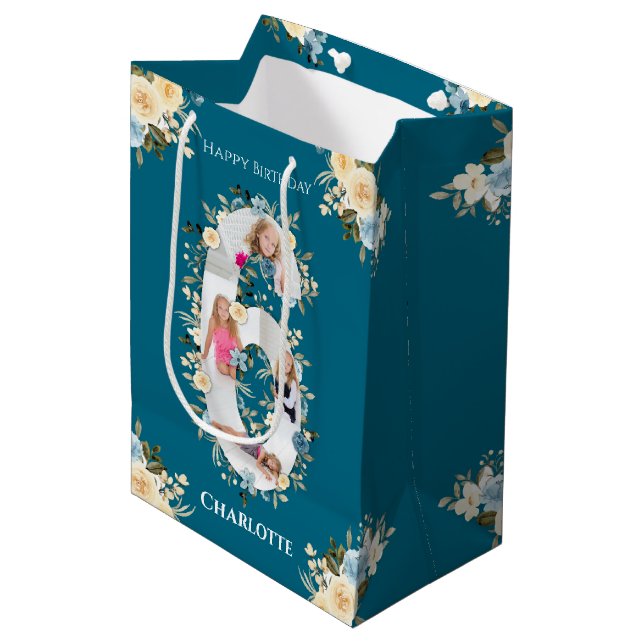 6th Birthday Photo Teal Collage Blue Yellow Flower Medium Gift Bag (Front Angled)