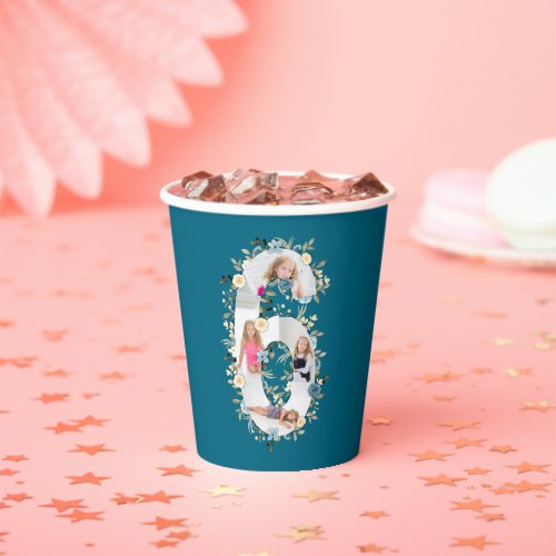 6th Birthday Photo Teal Collage Blue Yellow Flower Paper Cups
