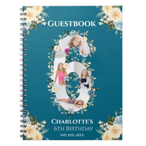 6th Birthday Photo Teal Yellow Flower Guest Book