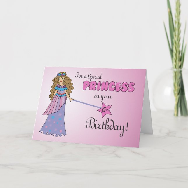 6th Birthday Pink Princess with Sparkly-Look Wand Card (Front)